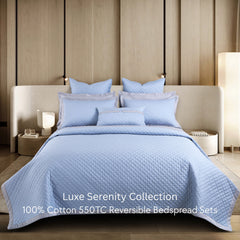 Malako Luxe: Serenity 550 TC 100% Cotton Pigeon Blue & Silver Solid King Size Reversible Bedspread Set