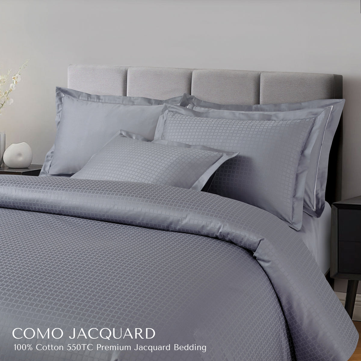 Malako Como Jacquard Grey Checks 550 TC 100% Cotton King Size Bedding