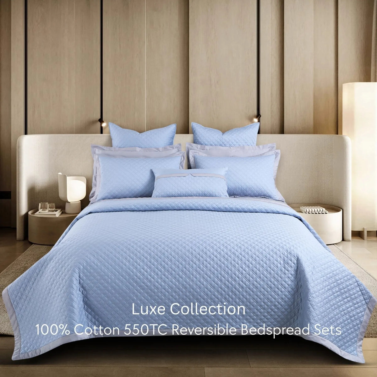 Malako Luxe 550 TC 100% Cotton Pigeon Blue & Silver Solid King Size Reversible Bedspread Set