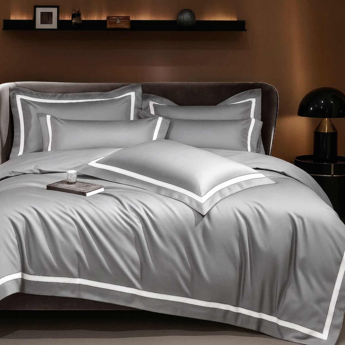 Malako Luxe Striped 550TC Silver Grey 100% Cotton Super King Size Duvet Cover Set with Bedsheet and 4 Pillow Covers