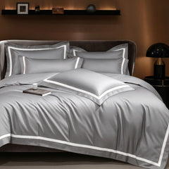 Malako Luxe Striped 550TC Silver Grey 100% Cotton Super King Size Duvet Cover Set with Bedsheet and 4 Pillow Covers