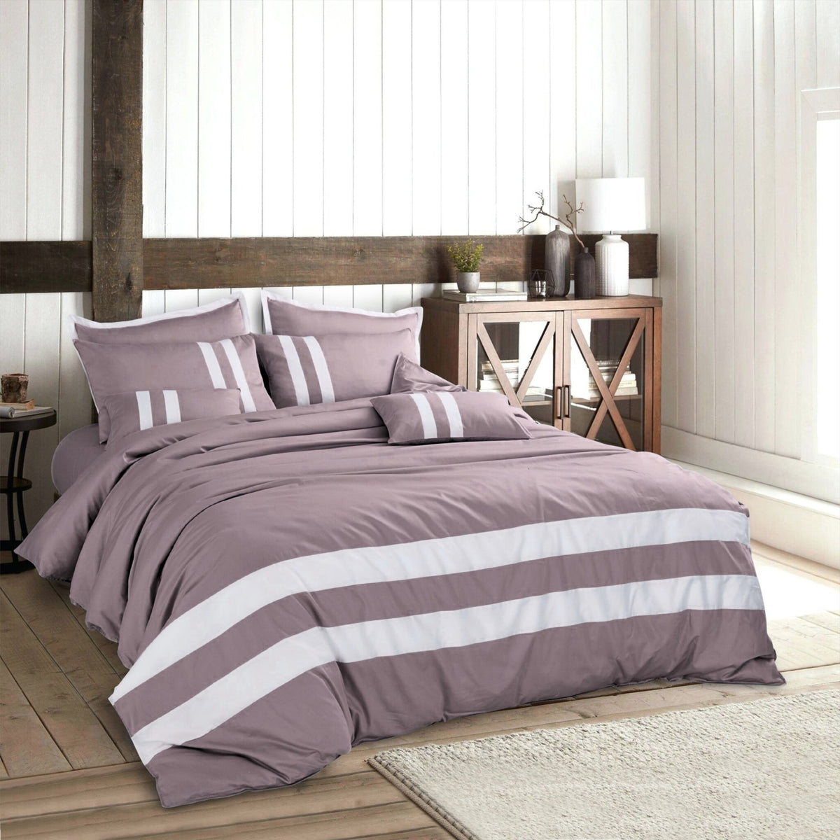Malako Luxe Wine Plain Striped 100% Cotton King Size Duvet Cover Set