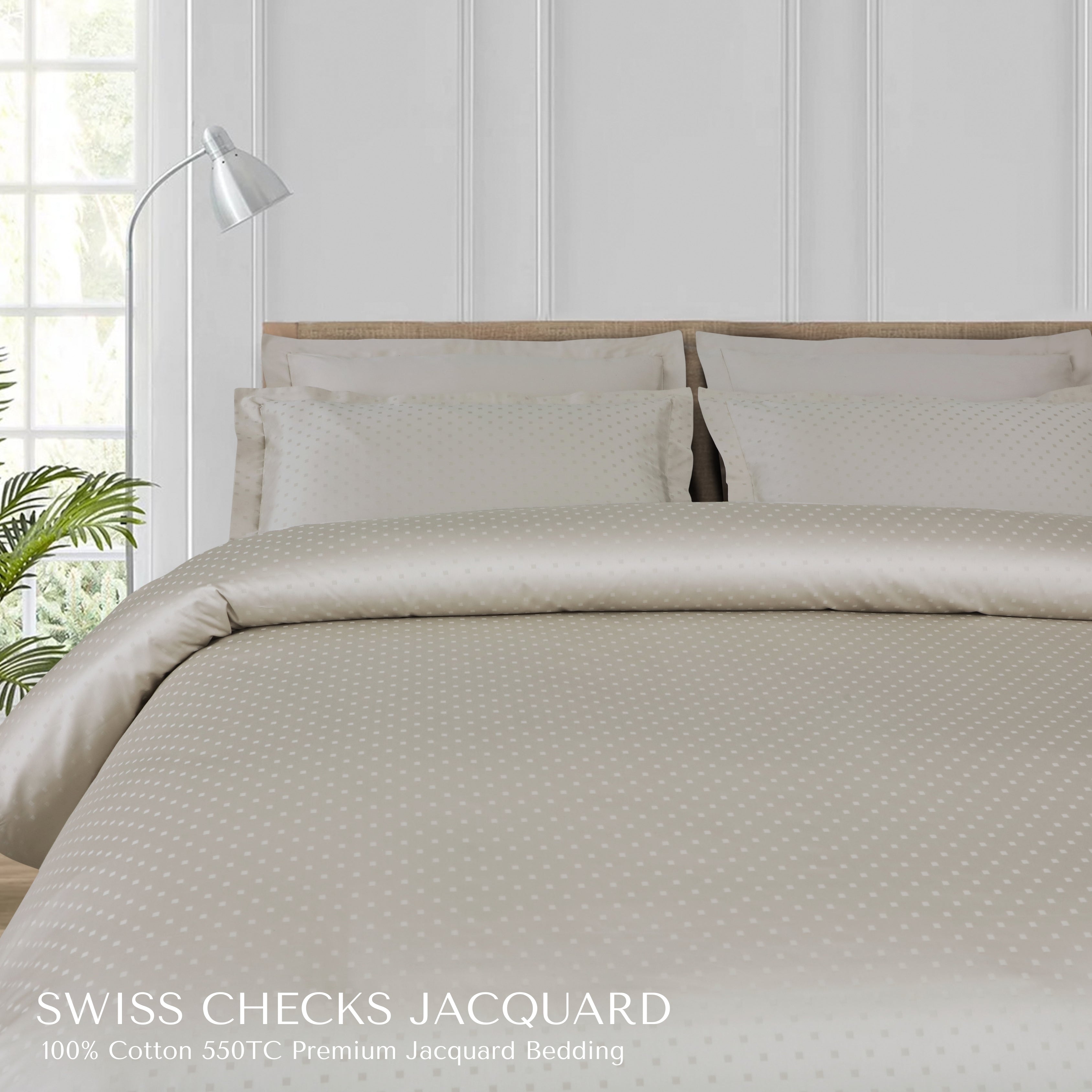Malako Swiss Checks Jacquard Olive Beige 550 TC 100% Cotton King Size Duvet Cover Set