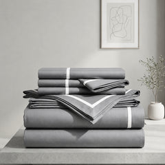 Malako Luxe Striped 550TC Grey 100% Cotton Super King Size Duvet Cover Set with Bedsheet and 4 Pillow Covers