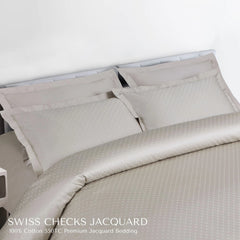 Malako Swiss Checks Jacquard Olive Beige 550 TC 100% Cotton King Size 6 Piece Bedding Set