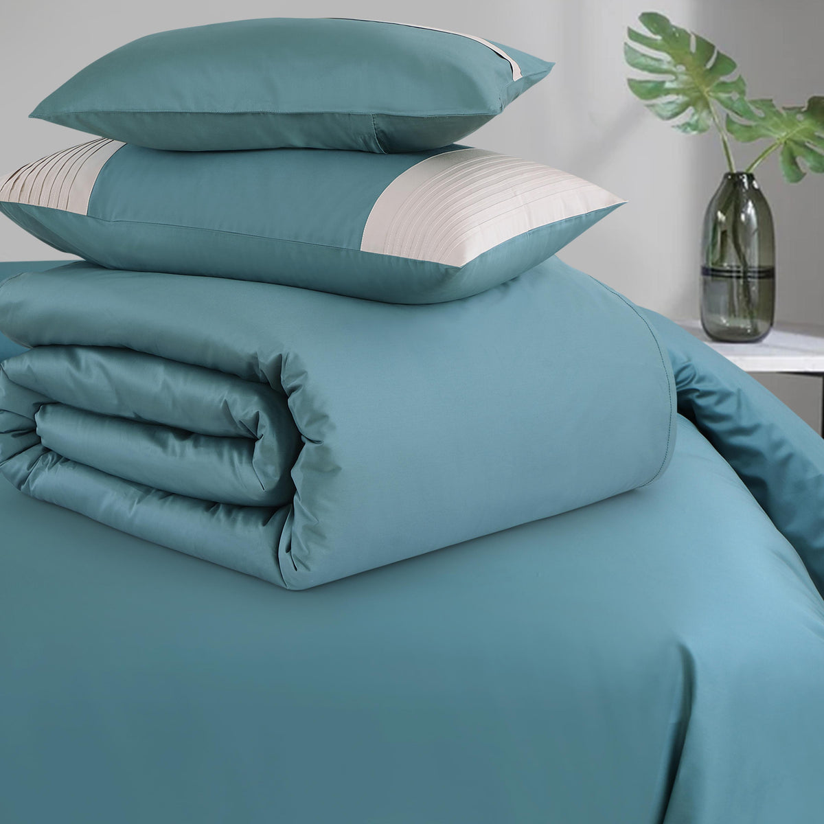 Malako Luxe Pintex 100% Cotton King Size 7 Piece Duvet Cover Set - Teal Green