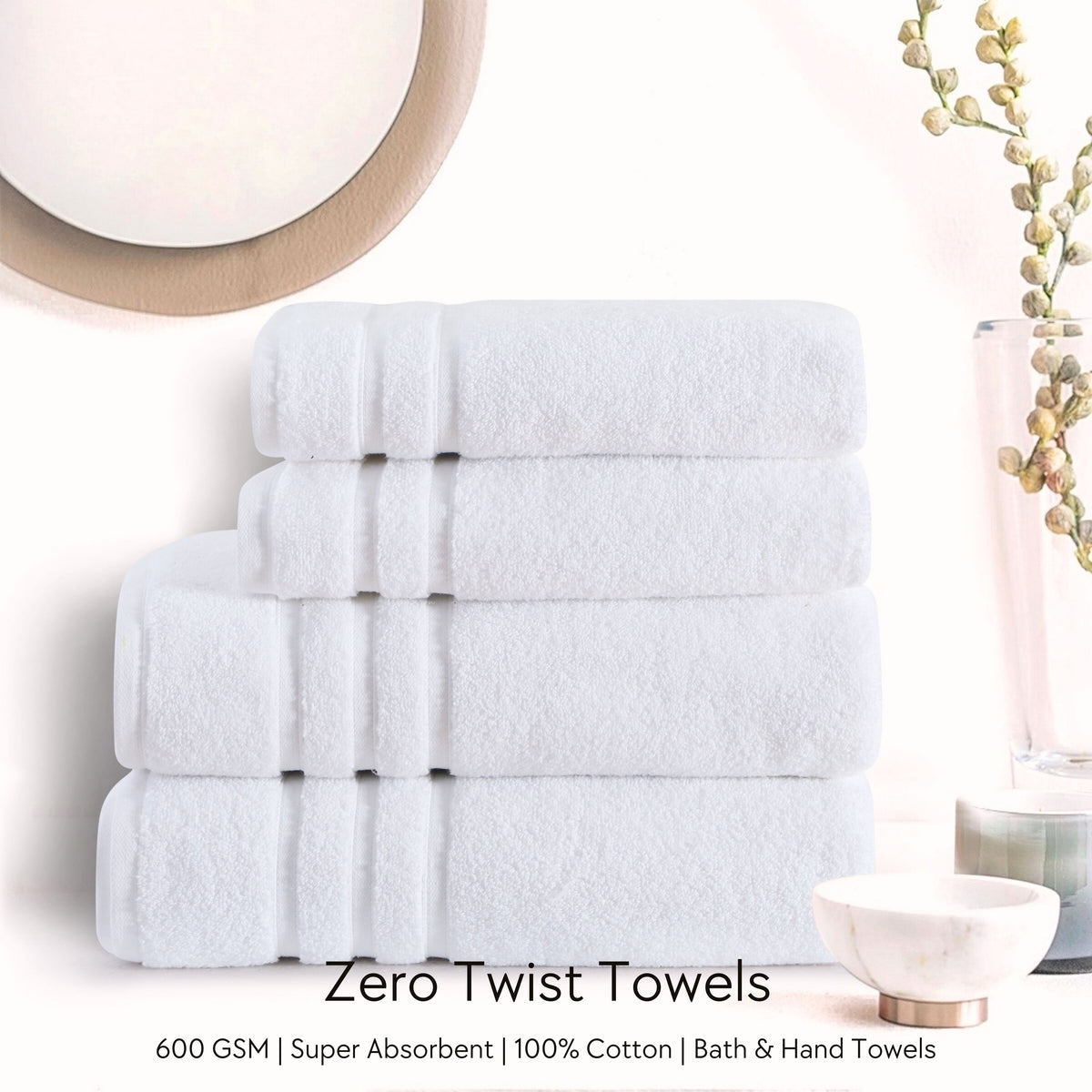 Malako White 100% Cotton Zero Twist Towel (600GSM)