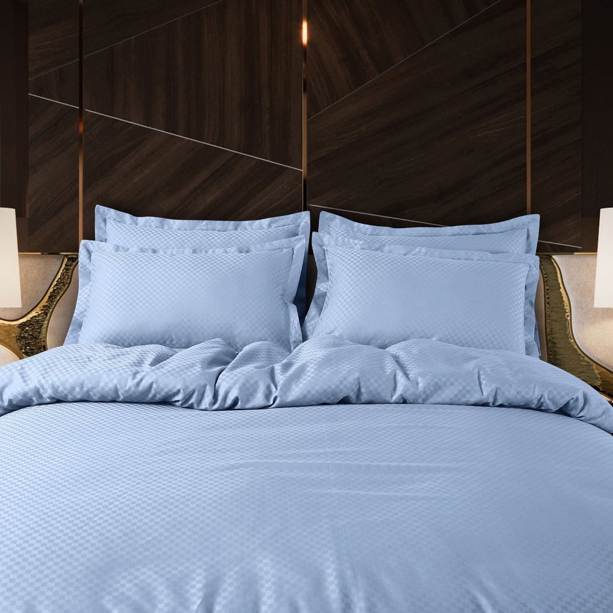 Malako Lyon Jacquard Sky Blue Checks 100% Cotton King Size 7 Piece Duvet Cover Set