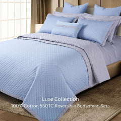 Malako Luxe 550 TC 100% Cotton Pigeon Blue & Silver Solid King Size Reversible Bedspread Set