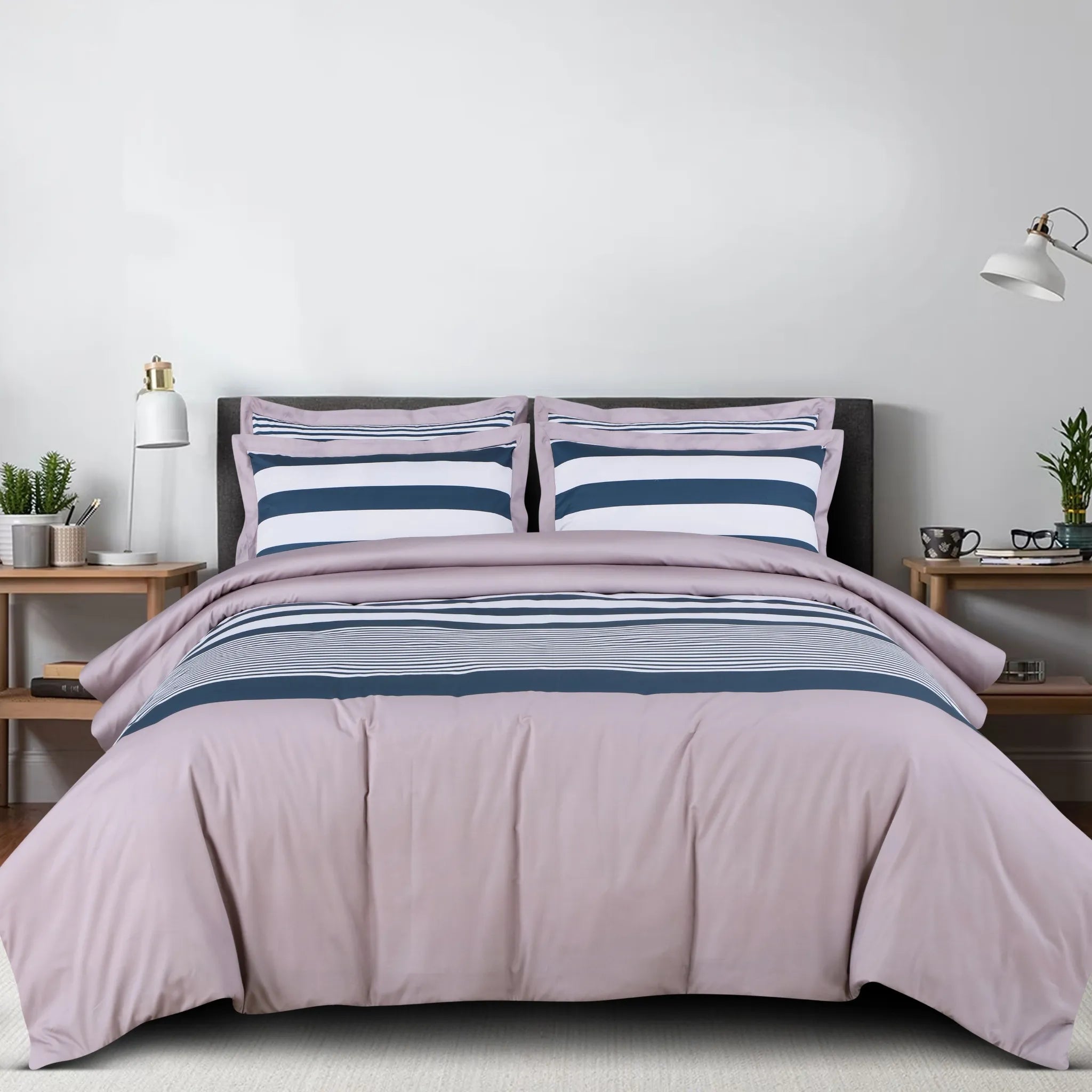 Almond beige and blue striped king size bedding