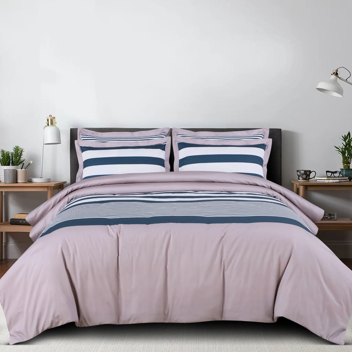 Almond beige and blue striped king size bedding
