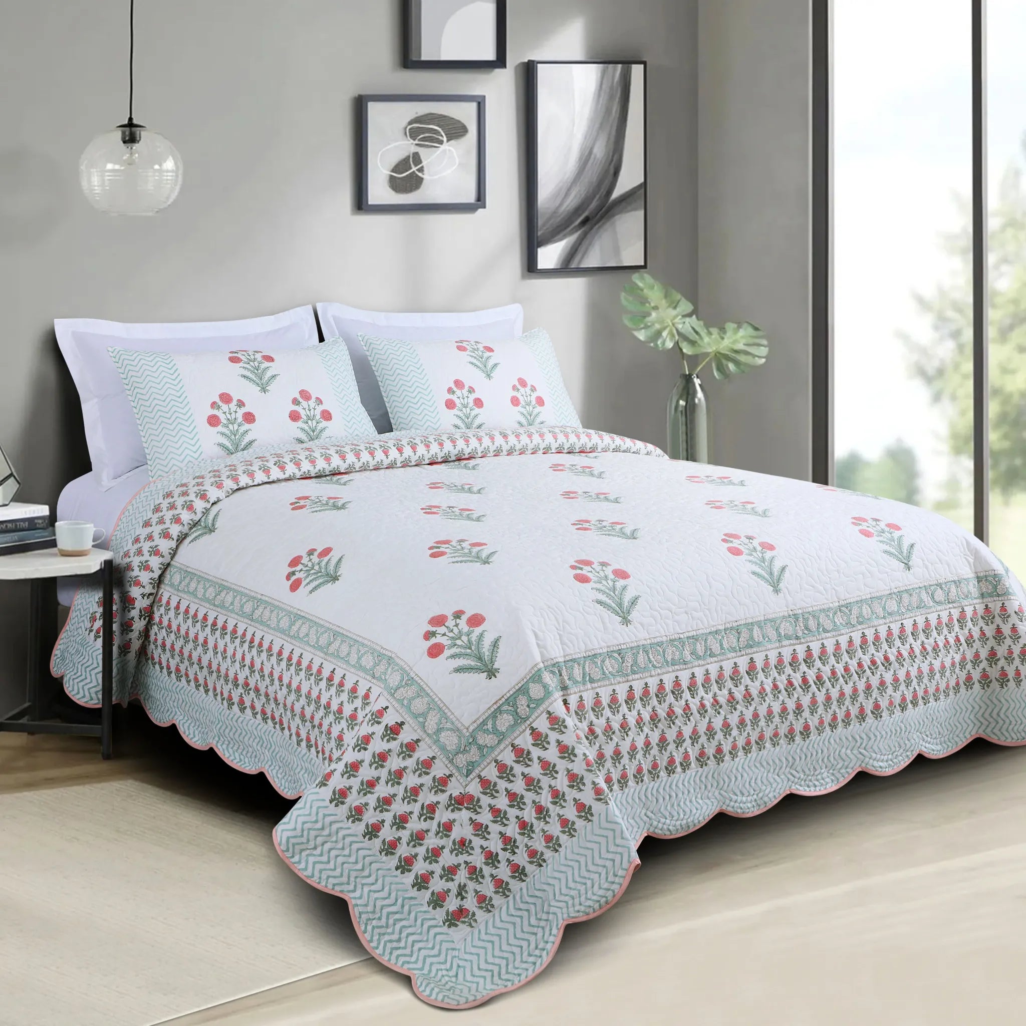 White Floral Cotton Quilted King Size Bedspread Set