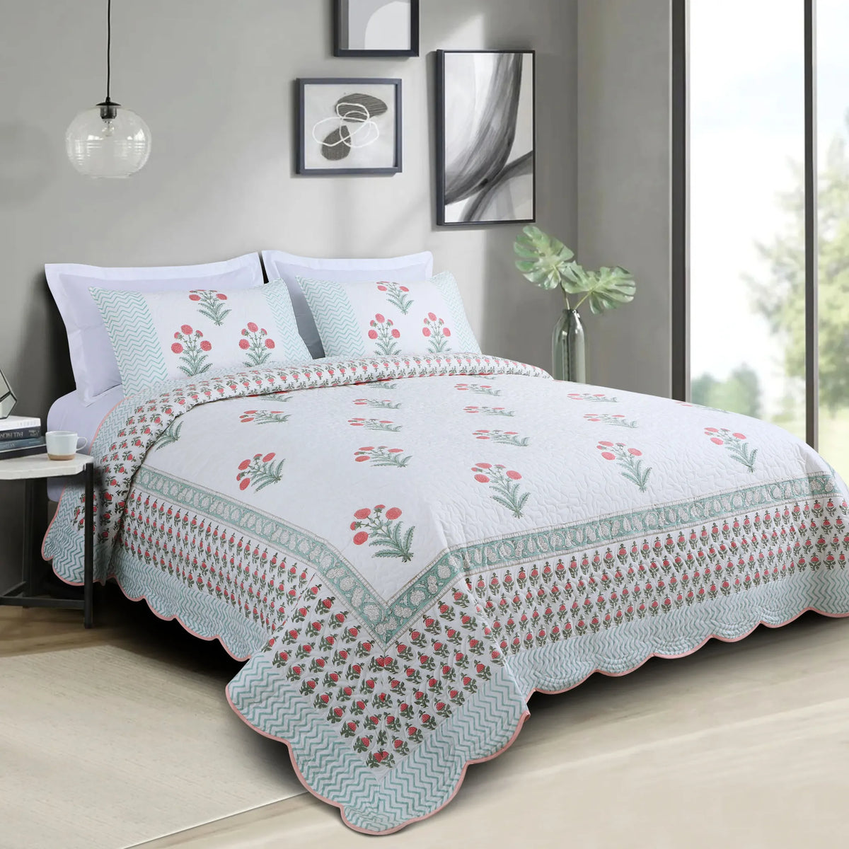 White Floral Cotton Quilted King Size Bedspread Set