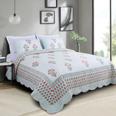 White Floral Cotton Quilted King Size Bedspread Set
