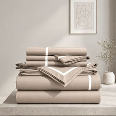 Malako Luxe Striped 550TC Beige 100% Cotton Super King Size Duvet Cover Set with Bedsheet and 4 Pillow Covers