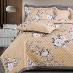 Botanical Print Beige Quilted Bedspread for King Bed