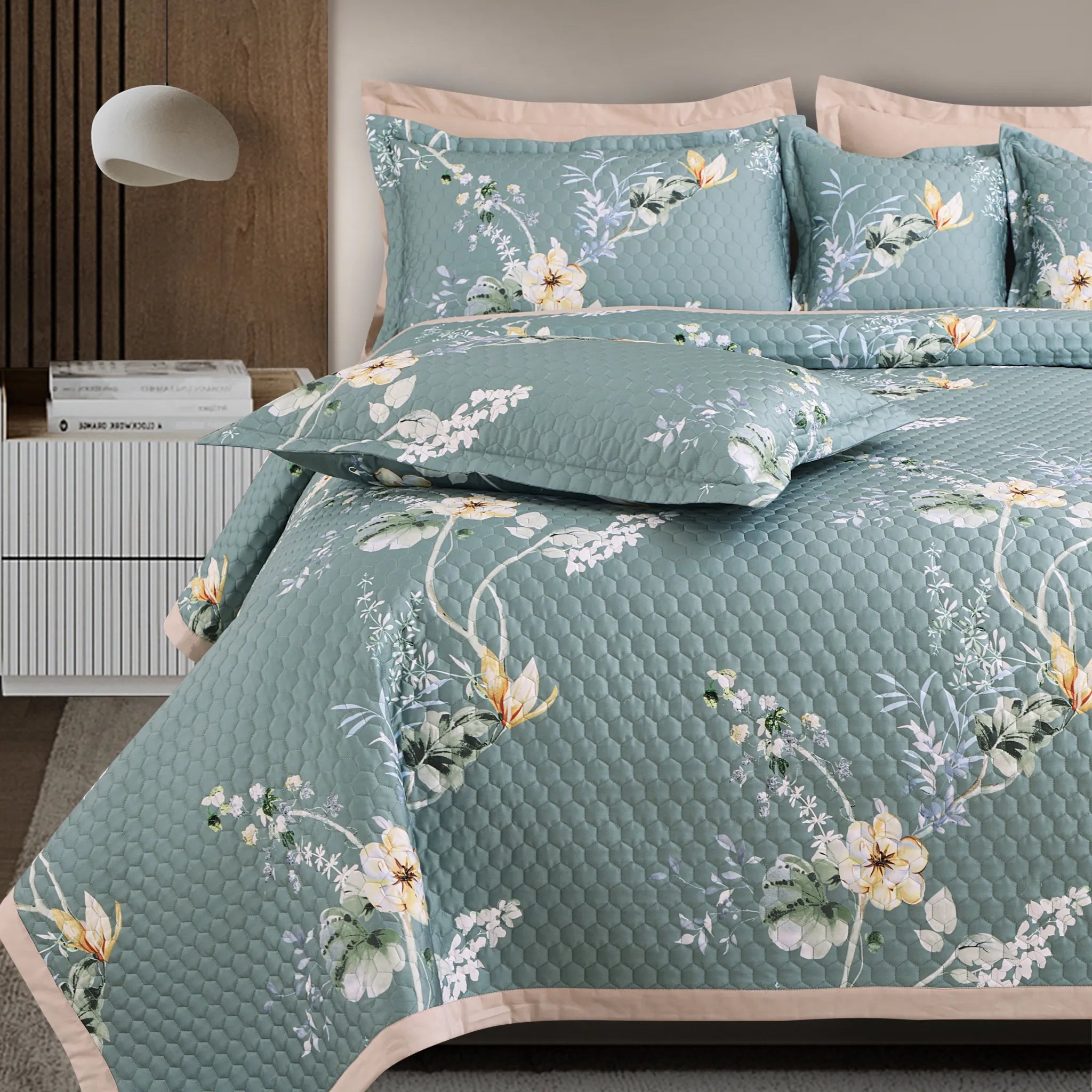 Buy Green Cotton Quilted Bedspread Set Online India