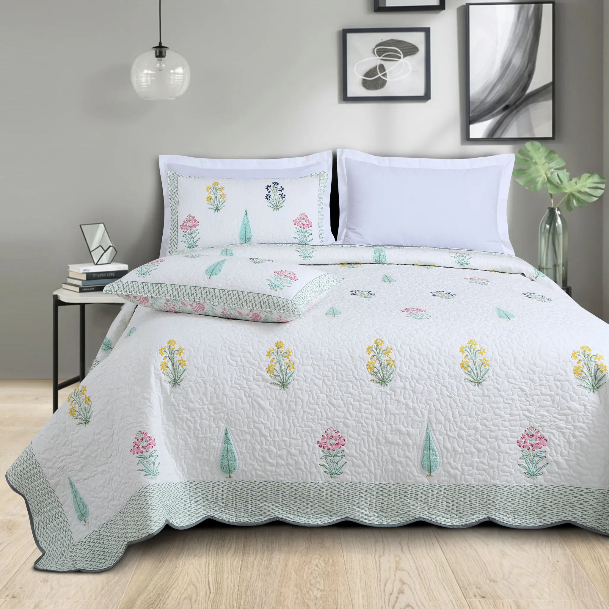 White Floral All Season Cotton Quilted Bedspread