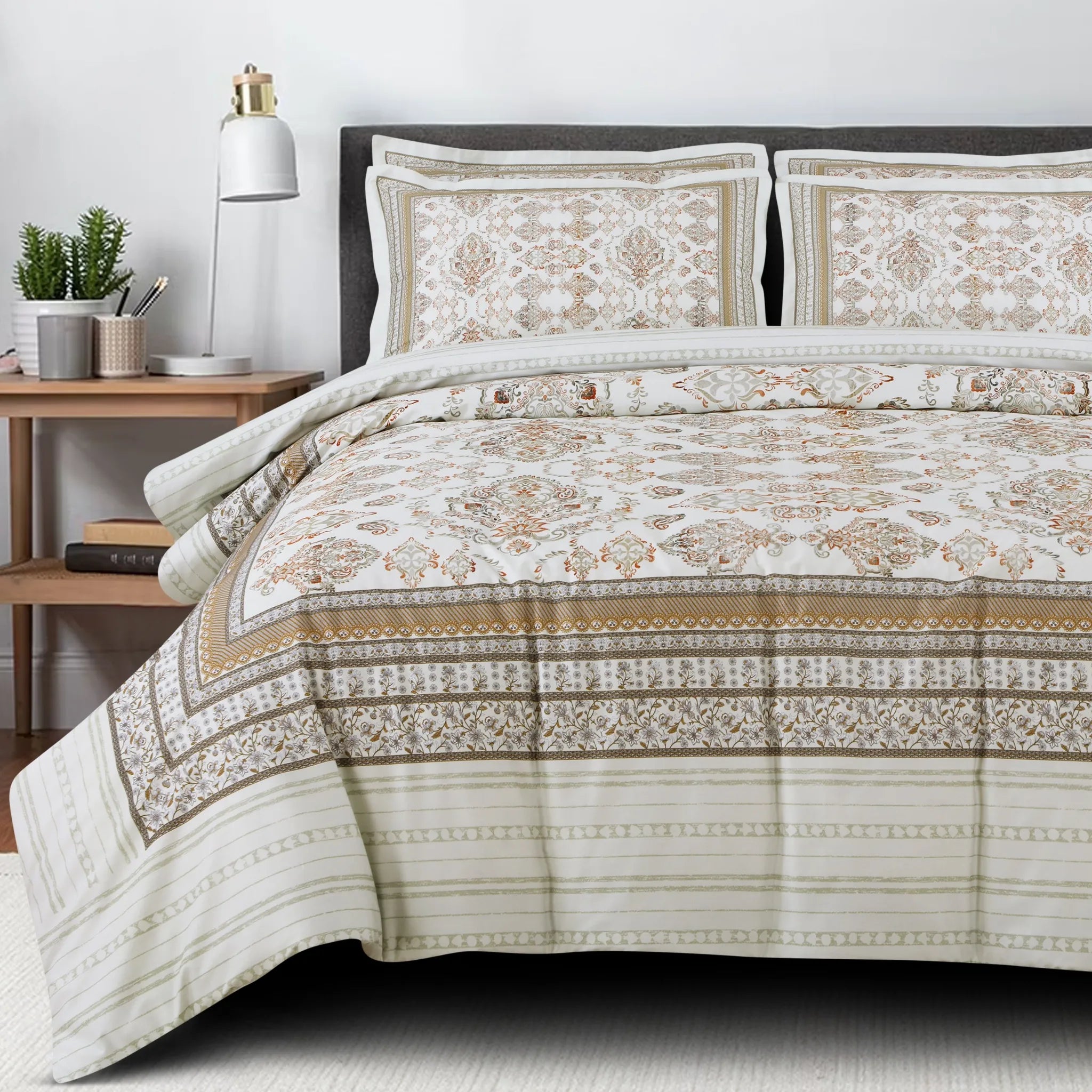Cotton quilted comforter bedding set olive beige