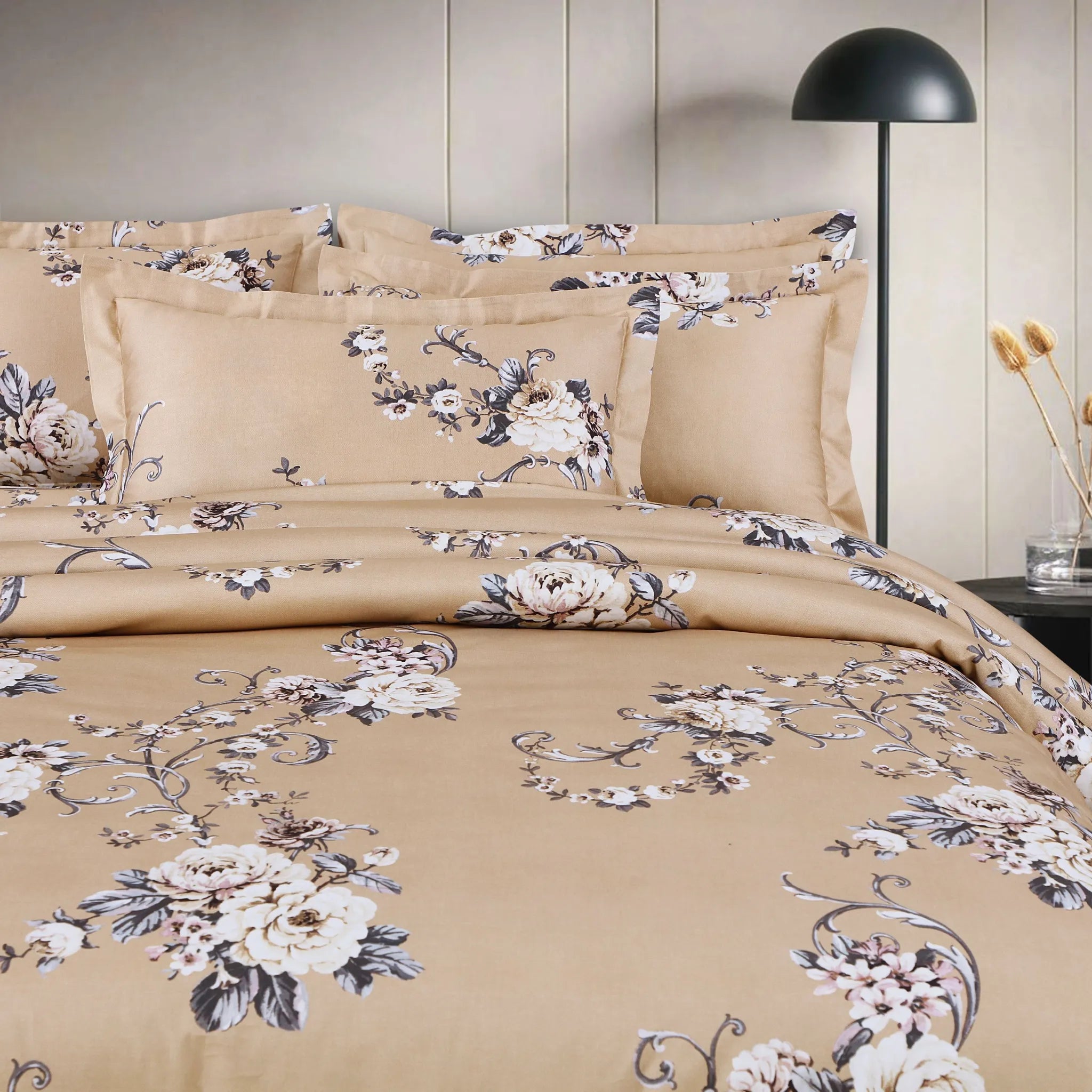 Floral king size comforter set beige