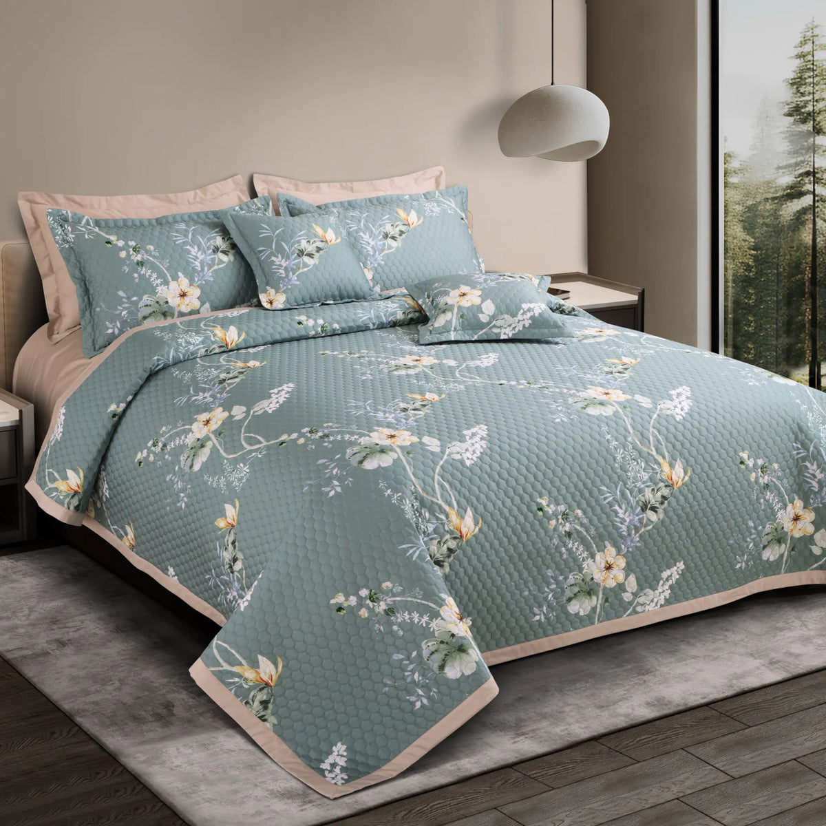 Green Botanic Cotton Quilted King Size Bedspread Set