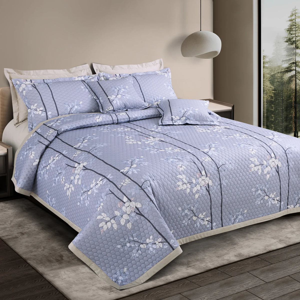 Grey botanical cotton quilted king size bedspread set