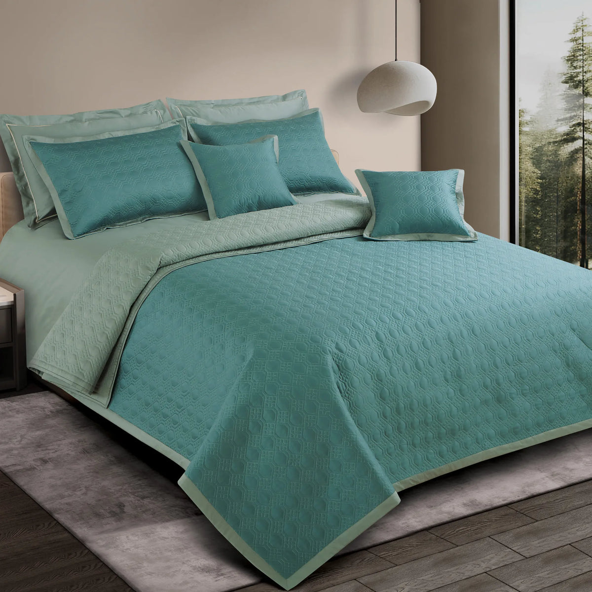 Malako Luxe 550 TC 100% Cotton Teal & Olive Green Solid King Size Reversible Bedspread Set