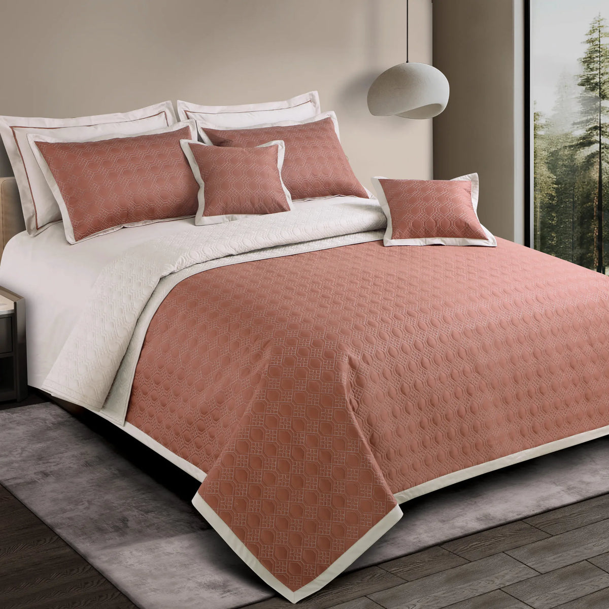 Malako Luxe 550 TC 100% Cotton Cedar & Beige Solid King Size Reversible Bedspread Set