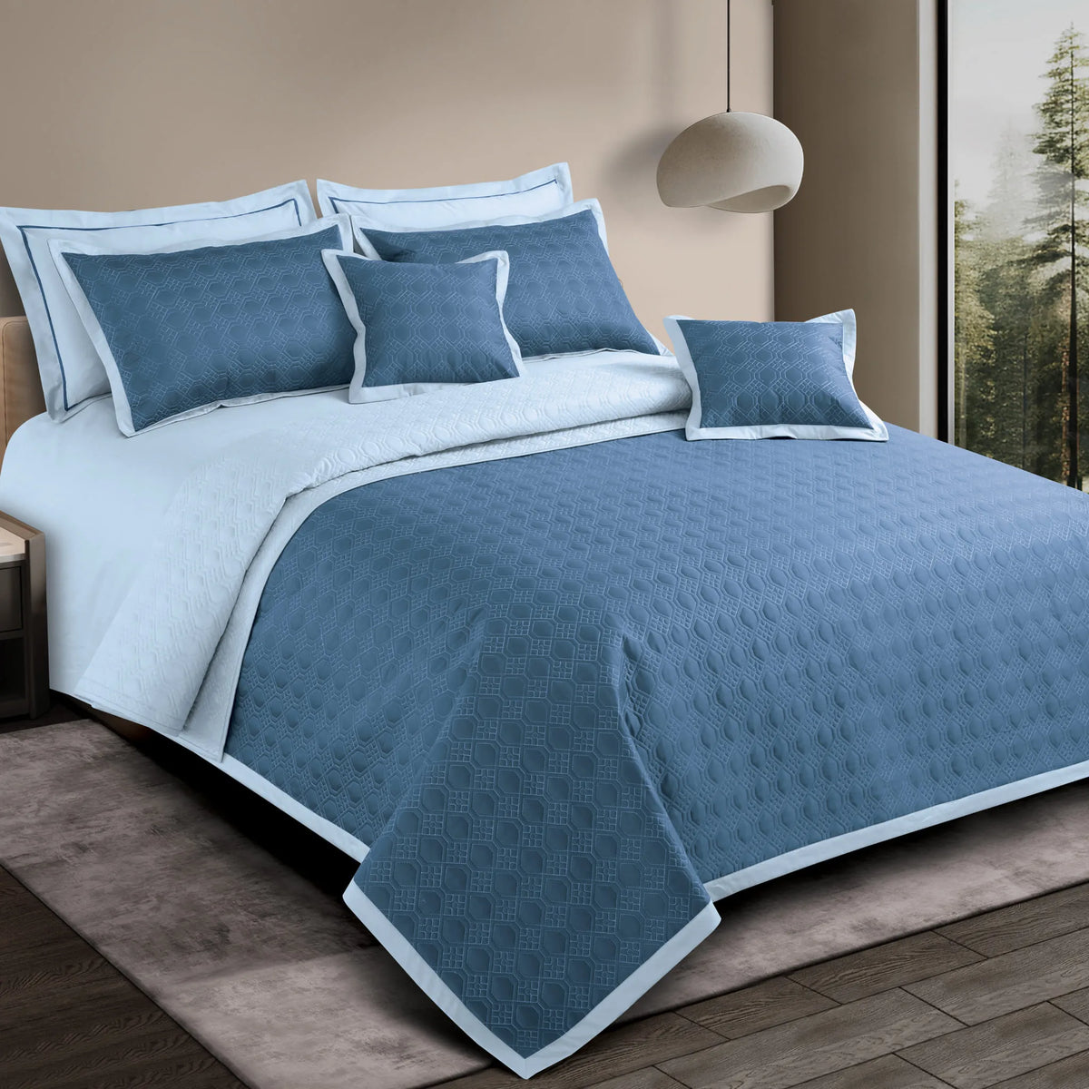 Malako Luxe 550 TC 100% Cotton Blue & Pigeon Blue Solid King Size Reversible Bedspread Set
