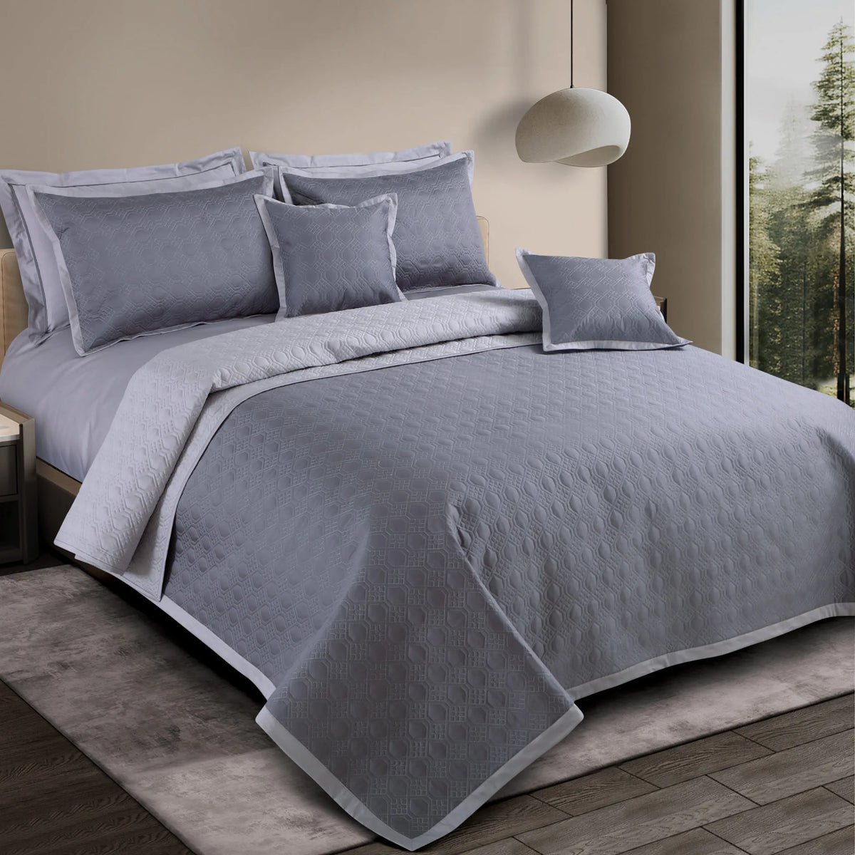 Malako Luxe 550 TC 100% Cotton Grey & Silver Grey Solid King Size Reversible Bedspread Set