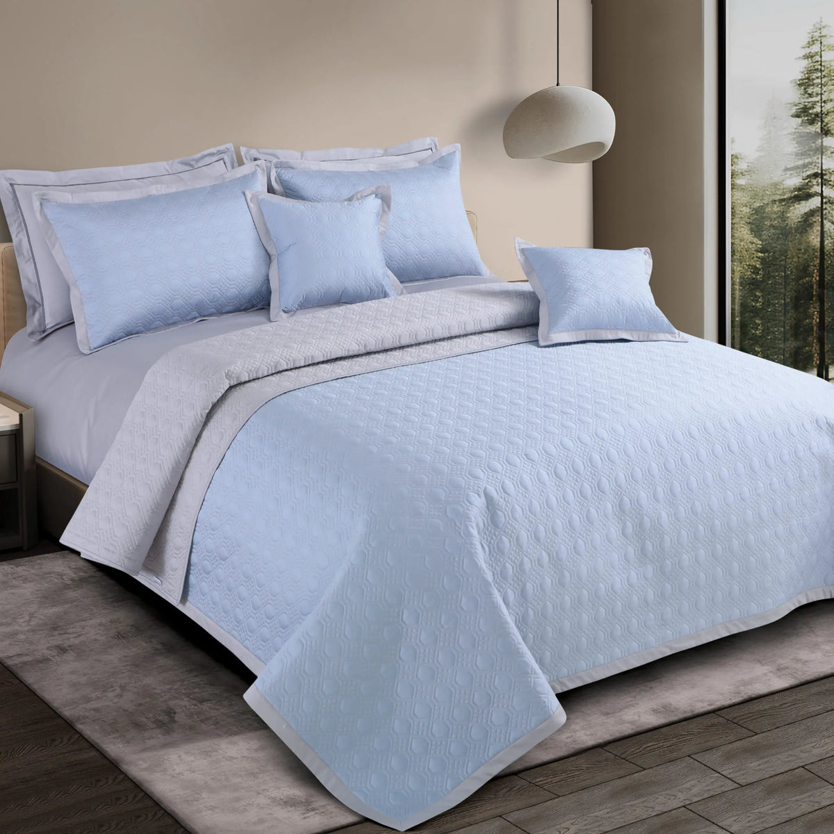 Malako Luxe 550 TC 100% Cotton Pigeon Blue & Silver Grey Solid King Size Reversible Bedspread Set