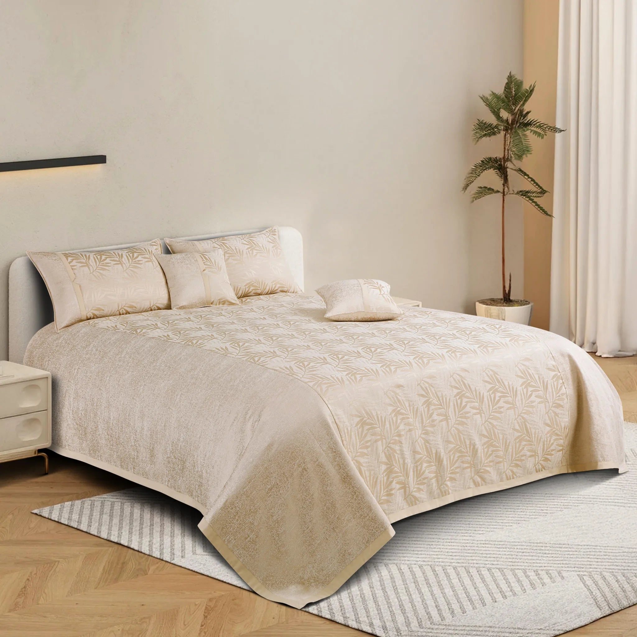 Malako Beige Jacquard King Size Bedspread Set