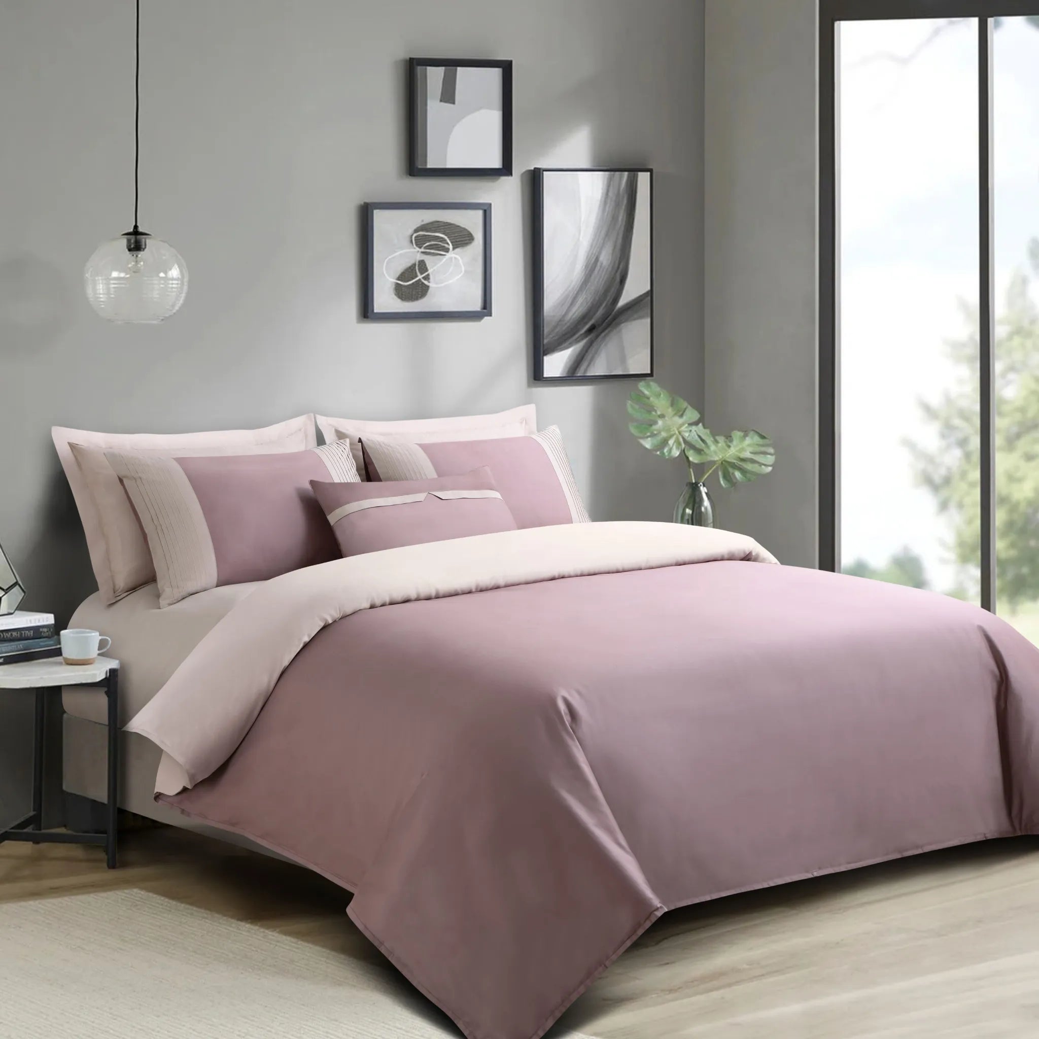 Bedroom with wine bedding and decor elements