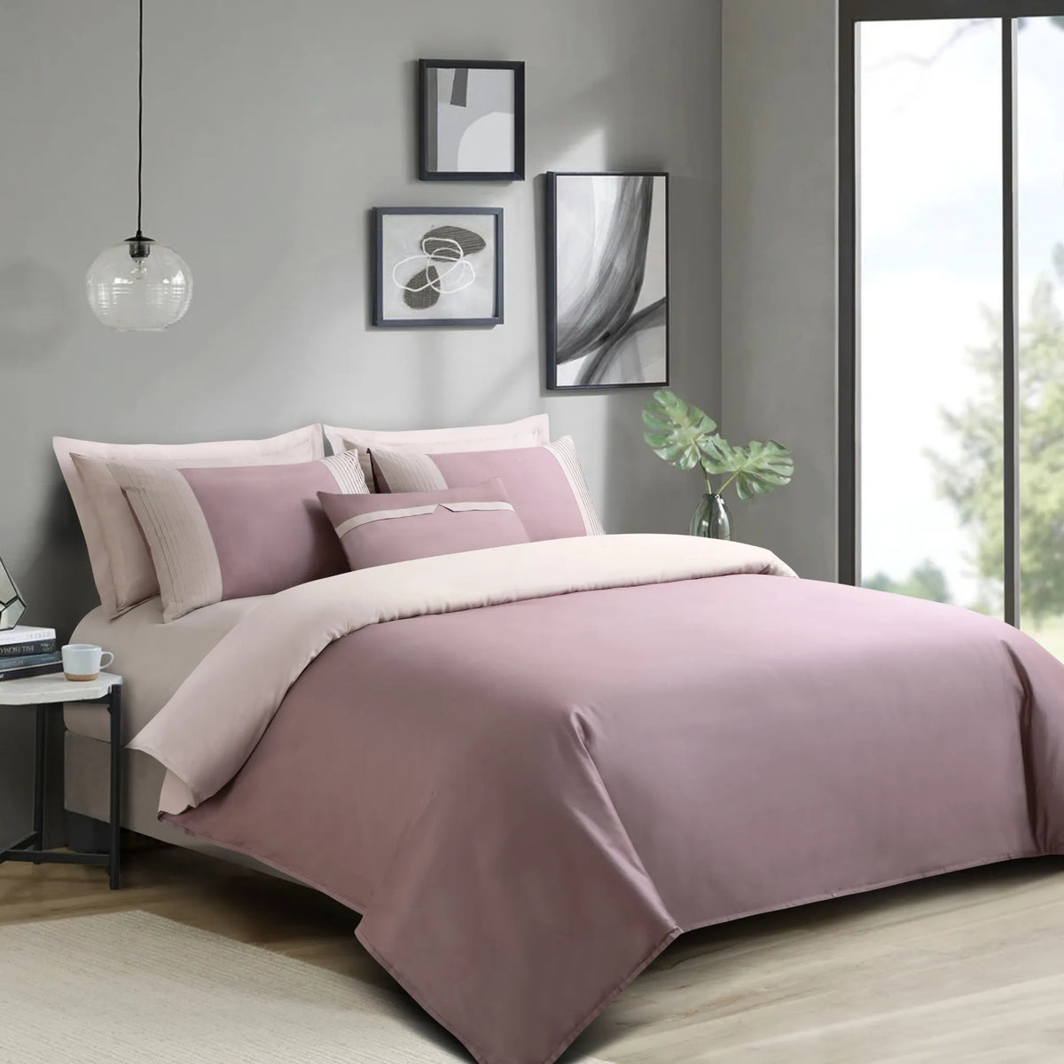 Bedroom with wine bedding and decor elements