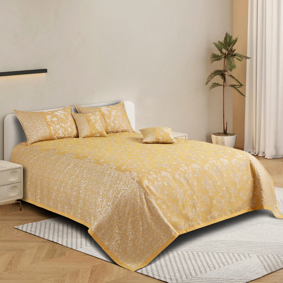 Malako Yellow Jacquard King Size Bedspread Set