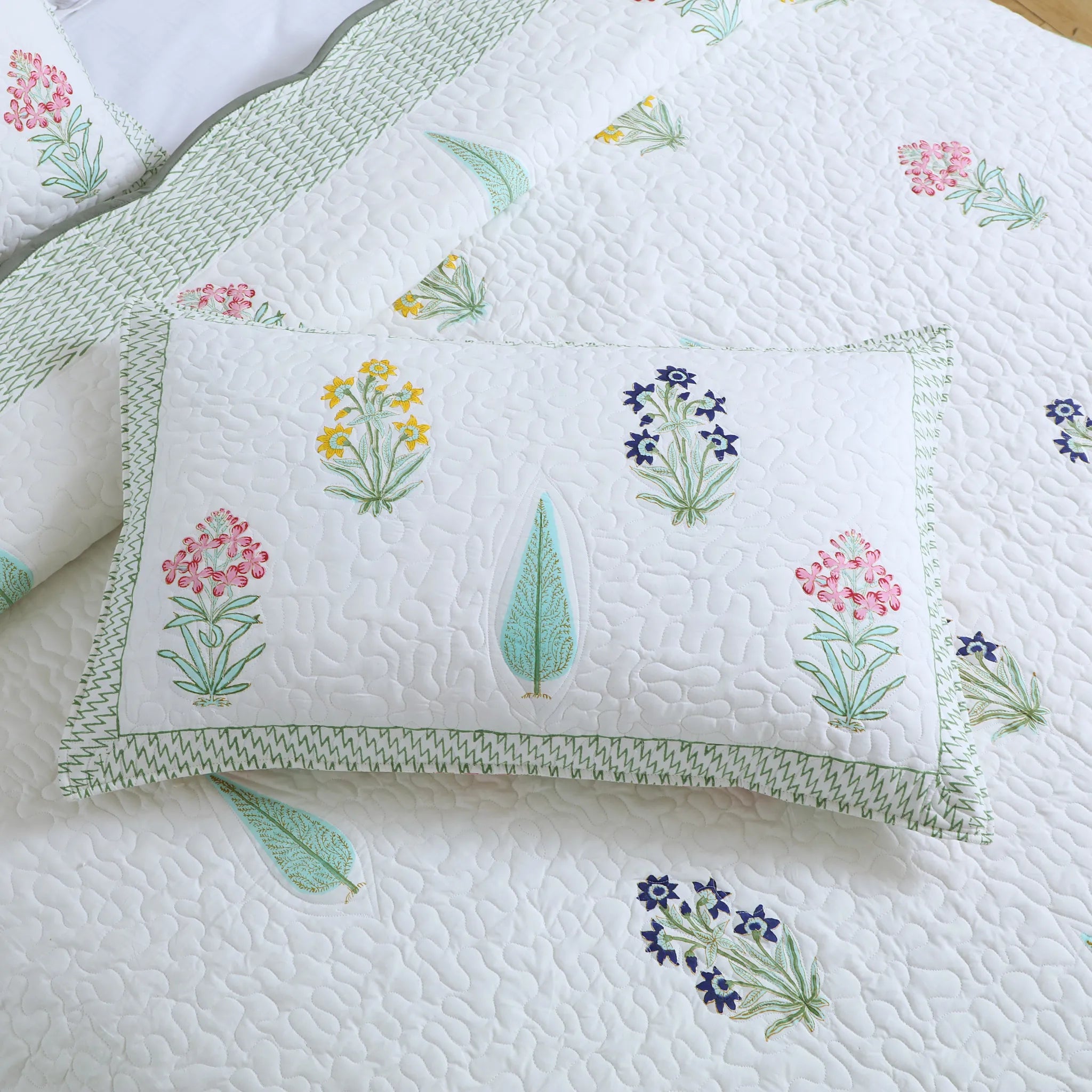 White Floral All Season Cotton Quilted Bedspread