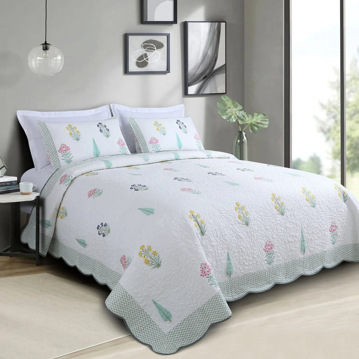 White Floral Cotton Quilted King Size Bedspread Set