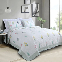 White Floral Cotton Quilted King Size Bedspread Set