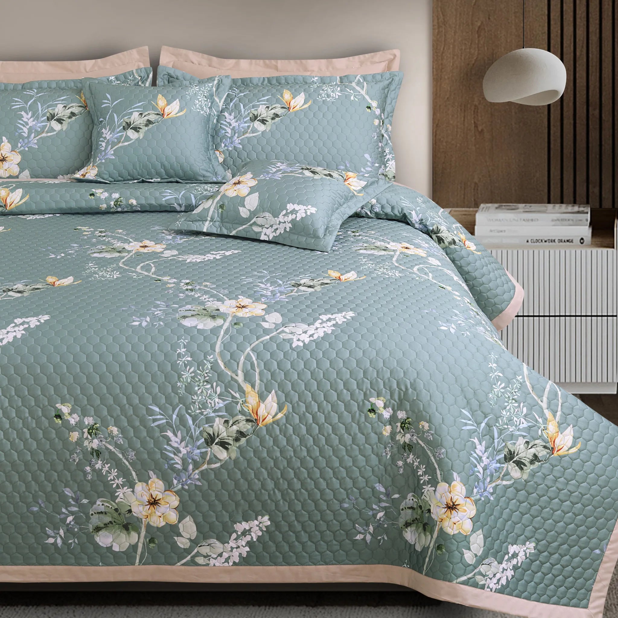 Soft Lightweight Green Cotton Quilted Bedspread