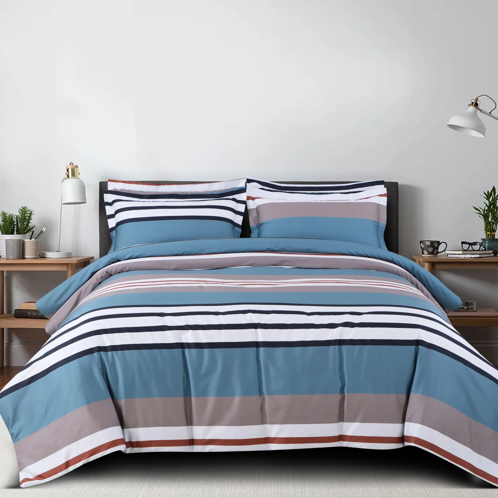 Taupe and blue striped king size bedding