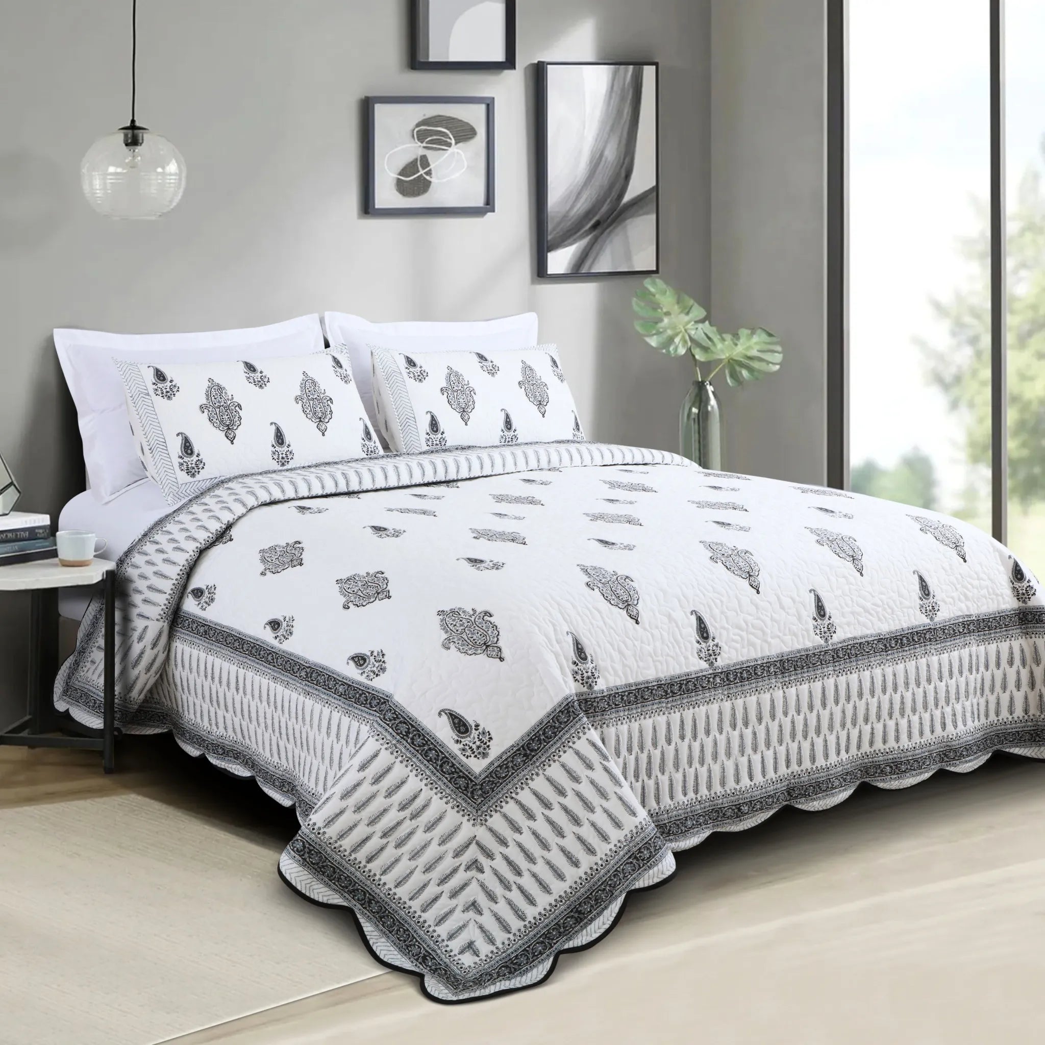 White Cotton Paisley Quilted Bedspread King Size