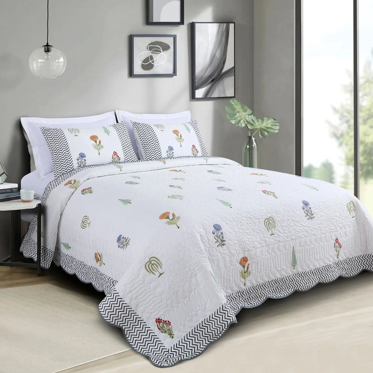 White Floral Cotton Quilted Bedspread King Size
