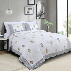 White Floral Cotton Quilted Bedspread King Size