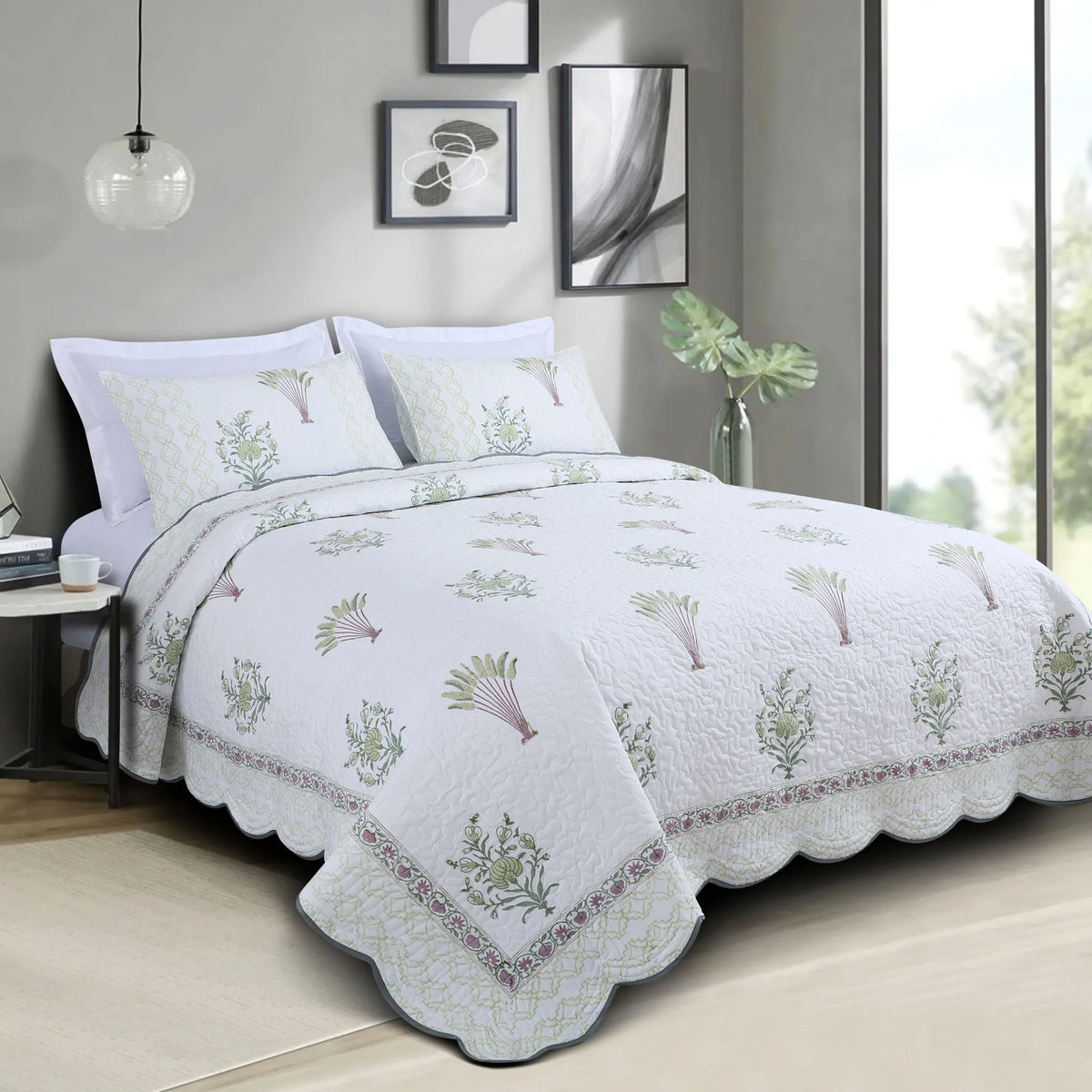White Floral Cotton Quilted King Size Bedspread Set