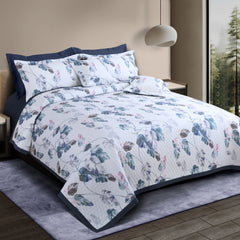 White botanical cotton quilted king size bedspread set