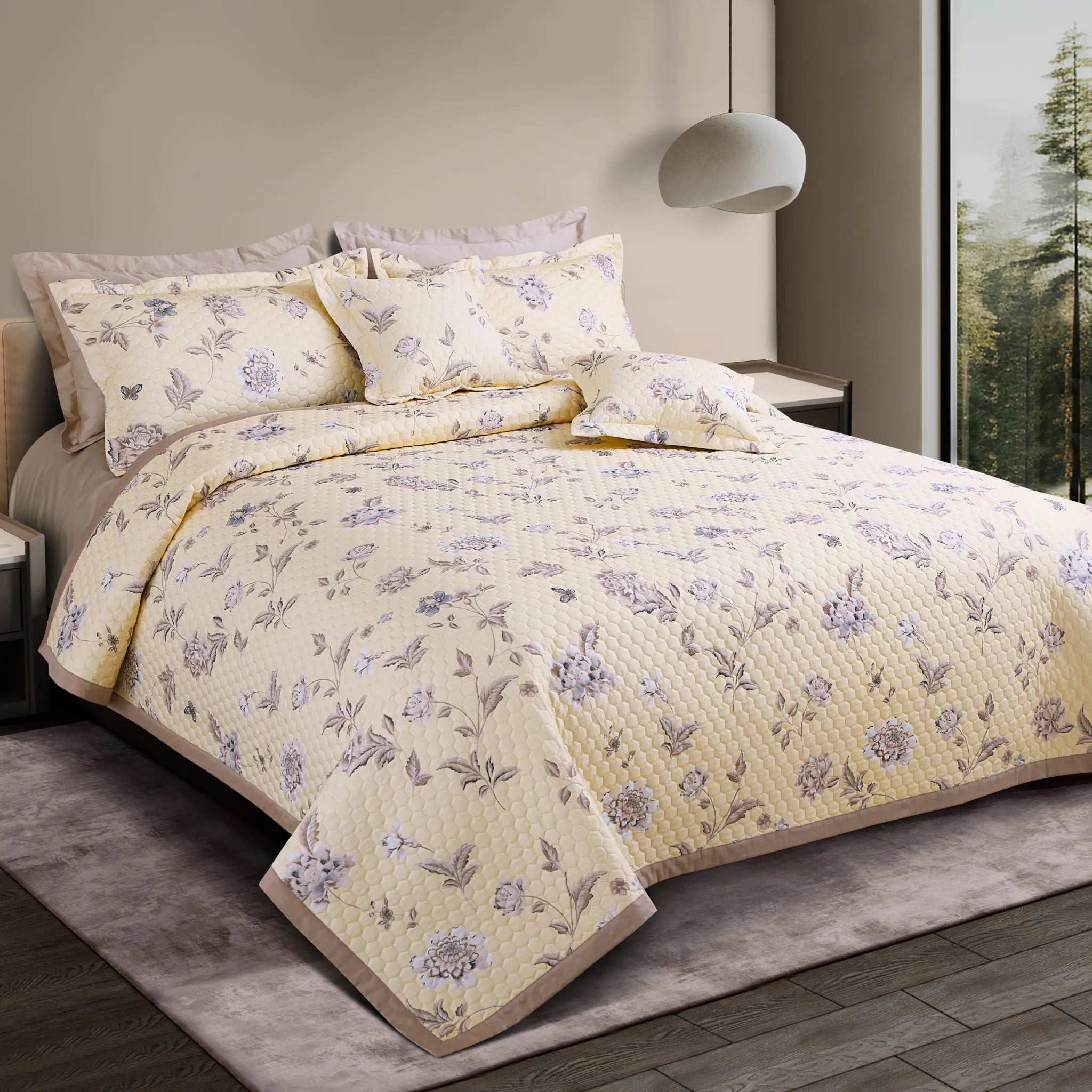 Yellow floral cotton quilted king size bedspread set