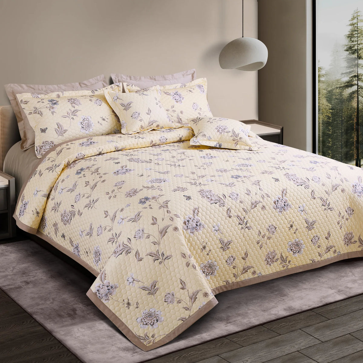 Yellow floral cotton quilted king size bedspread set