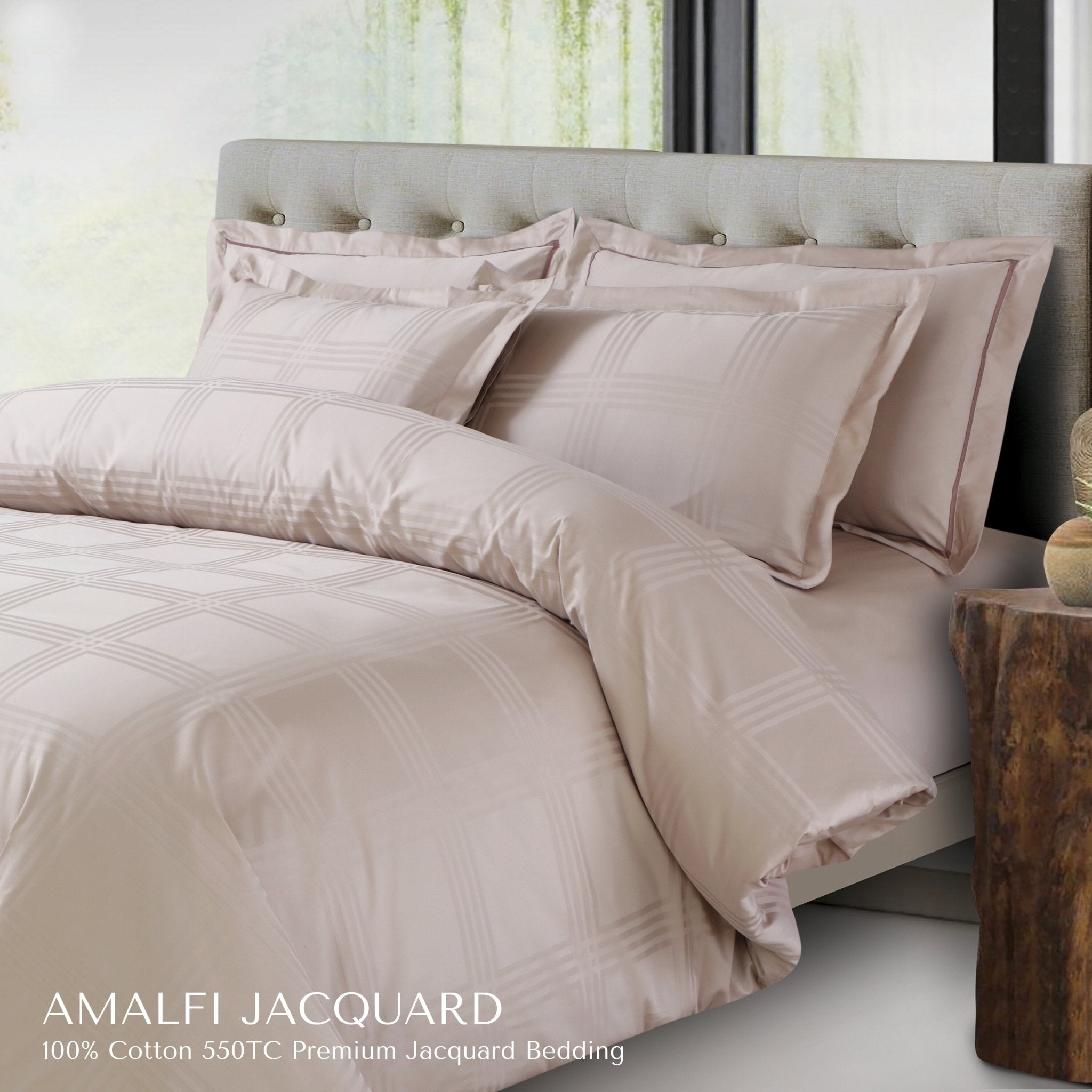 Malako Amalfi Jacquard Beige Checks 550 TC 100% Cotton King Size Bedding - MALAKO