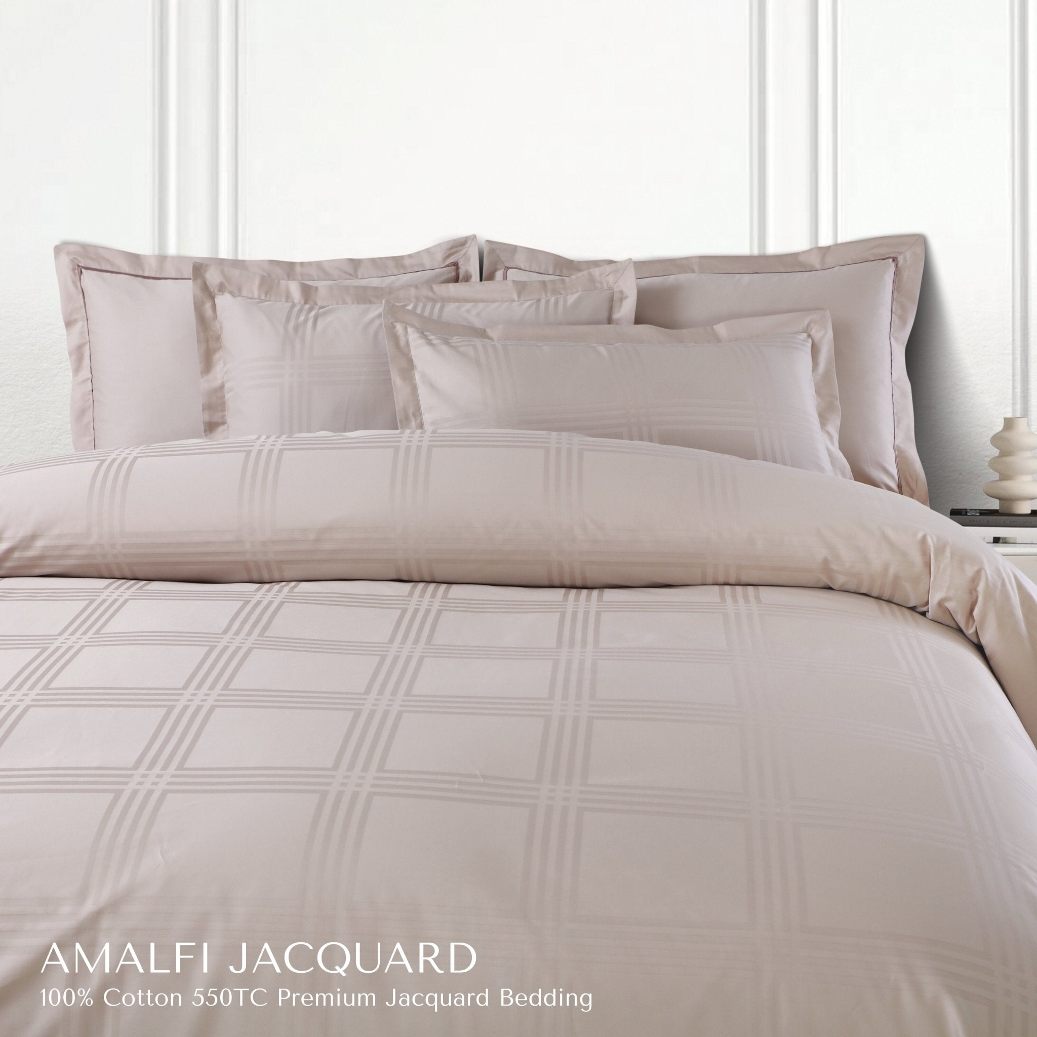 Malako Amalfi Jacquard Beige Checks 550 TC 100% Cotton King Size Bedding Set - MALAKO