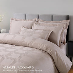 Malako Amalfi Jacquard Beige Checks 550 TC 100% Cotton King Size Bedding Set - MALAKO